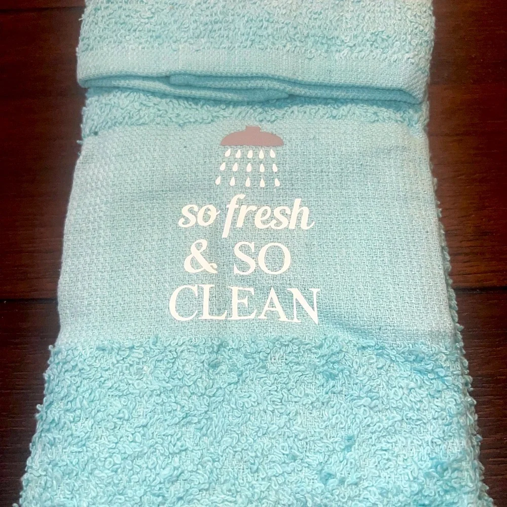 Blue Bath Towels with 'So Fresh & So Clean' Design